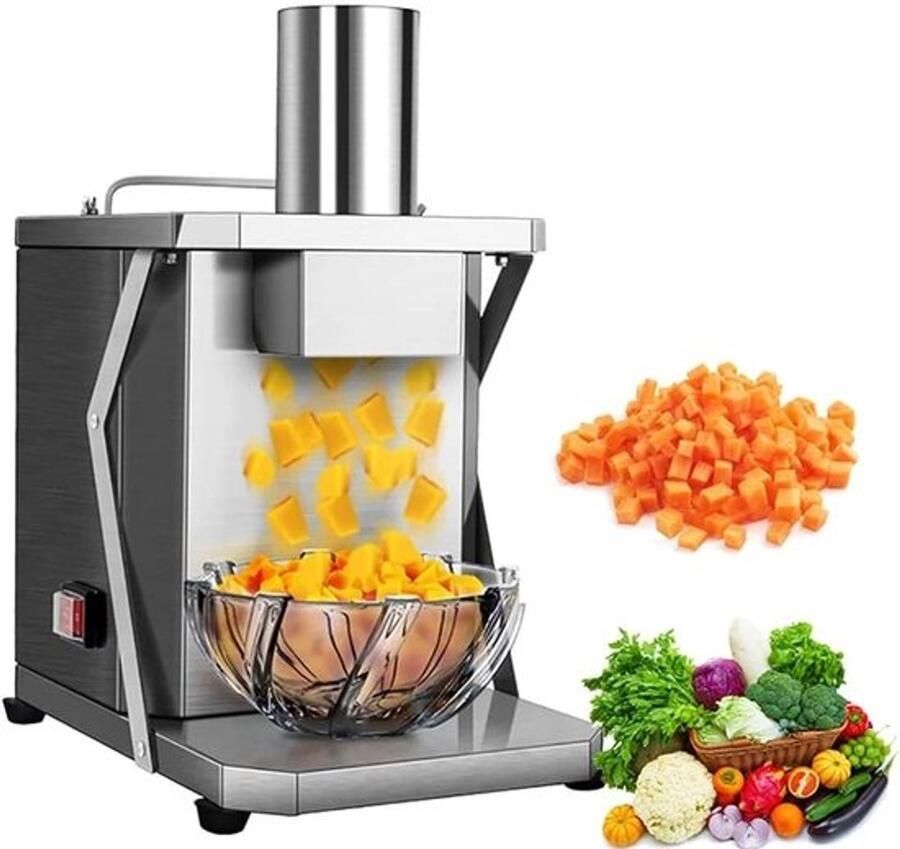 Elektrische groentesnijder voor groenten en fruit snijden in blokjes schijfjes of reepjes koperen motor 75 kg per uur zilver
