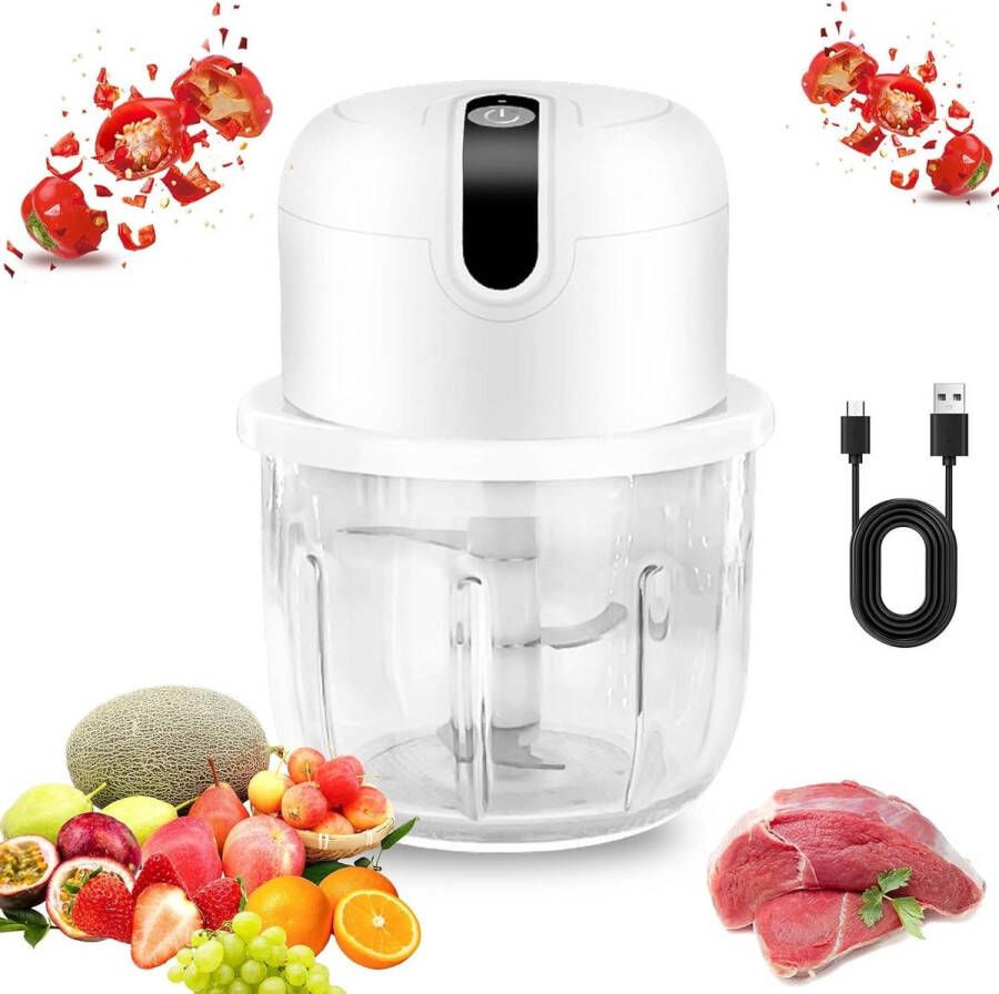 Elektrische hakmolen 250 ml mini-uiensnijder met USB-aansluiting en oplaadbare accu (wit)