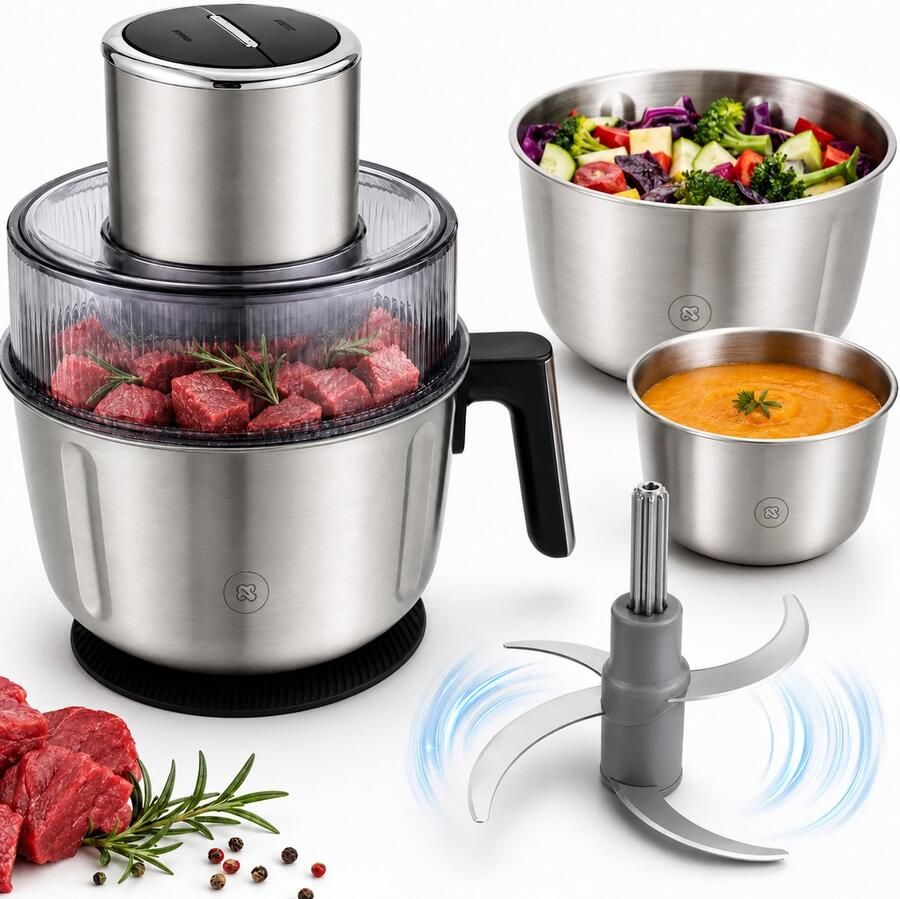 Elektrische Hakmolen 350W – Foodprocessor met 3 RVS Kommen – 2 Snelheden – 2 5L – Voor Vlees & Groenten