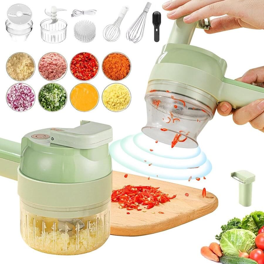 Elektrische Hakmolen 4-in-1 handbediende elektrische groentesnijderset Uiensnijder USB oplaad Mini Portable Chopper Multifunctioneel groentehakker voor in de keuken voor babyvoeding knoflook chilipepers uien selderij en gember
