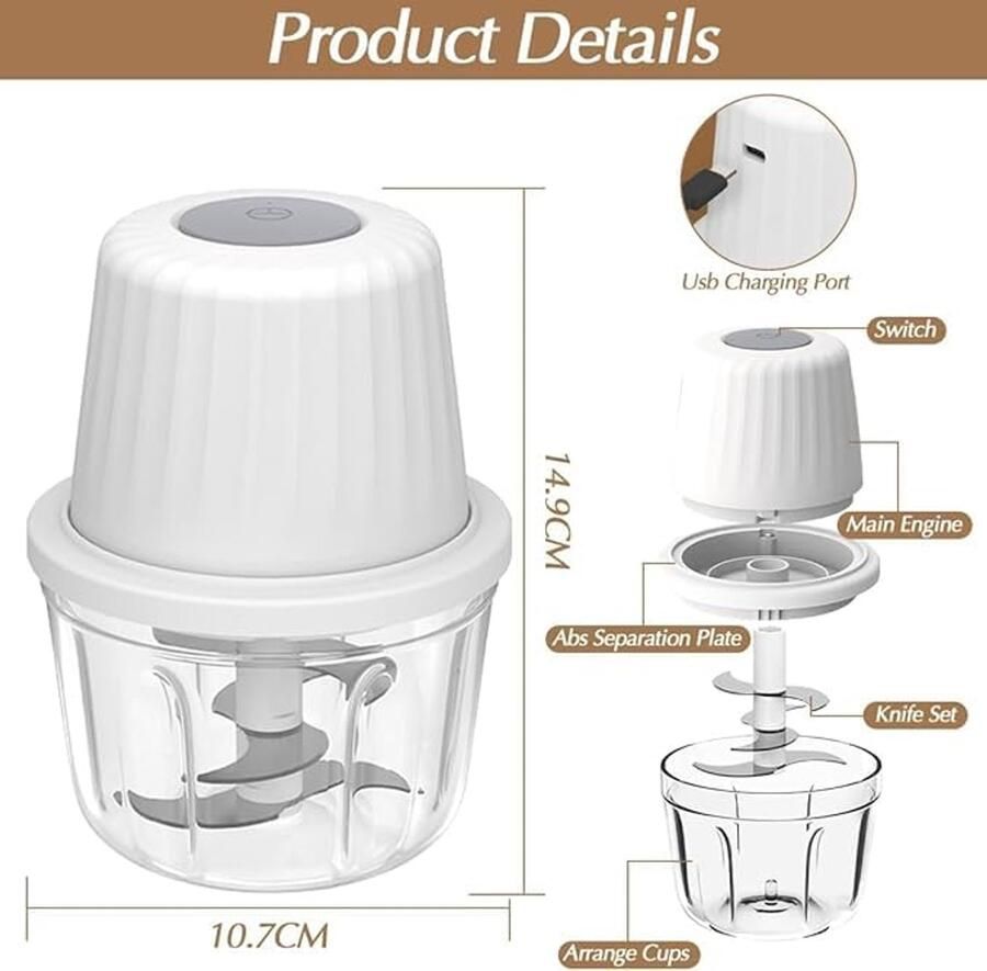 Elektrische hakmolen 400 ml groentesnijder uiensnijder elektrische multihakmolen mini-keukenmachine USB-oplaadbaar uiensnijder voor vlees knoflook babyvoeding uien