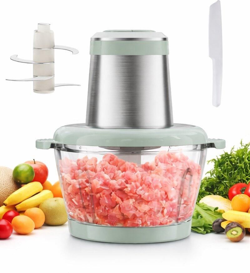 Keukenmachine Vleesmolen Elektrische Chopper Voedselhakker Groentesnijder 2L Glazen Kom Dubbel RVS Mes 2 Snelheden Kleine Hakmolen Mixer voor Vlees Groente Fruit Noten Compacte Mini Hakker 300W Voor Thuisgebruik