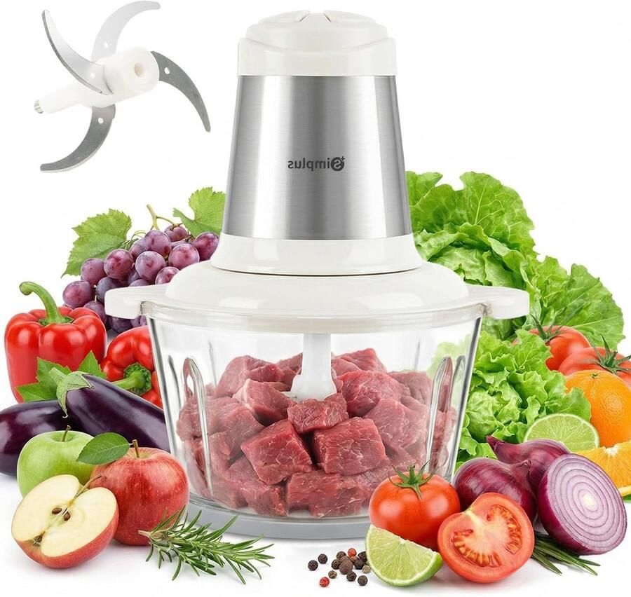 Elektrische Hakmolen Keukenmachine Mini Snel Ingrediënten Snijden 4 Roestvrij Staal Messen 1.8 Liter Wit