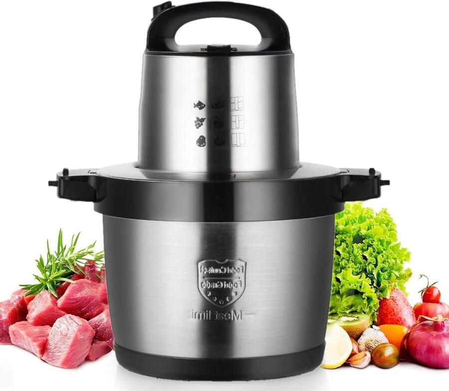 Elektrische Hakmolen Keukenmachine Mini Snel Ingrediënten Verwerken 6 Liter RVS Kom 1600 Watt Zilver