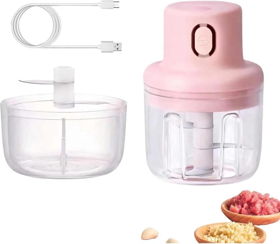 Elektrische Hakmolen Mini Keukenmachine Snel Ingrediënten Hakken USB Oplaadbaar 9x10x13 cm Roze