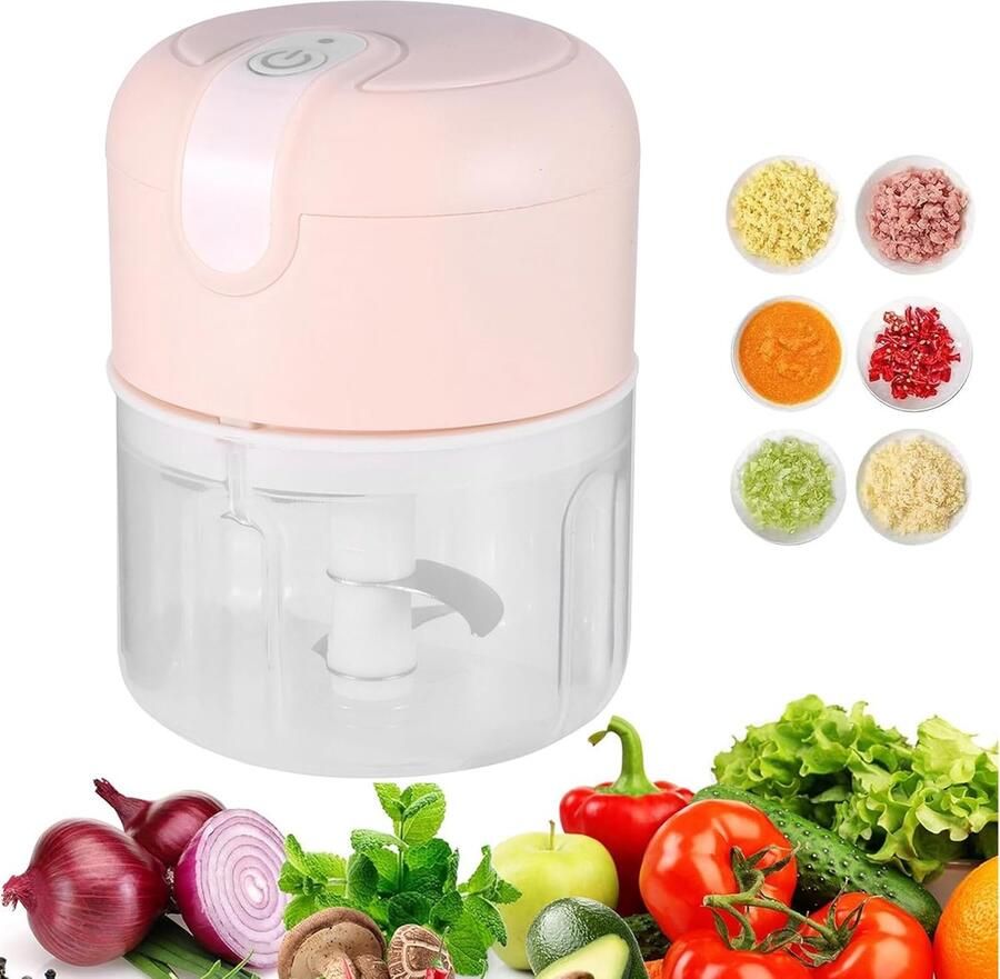 Elektrische hakmolen mini-knoflookhakper 250 ml keukenkeukenmachine en blender USB-opladen draadloze elektrische knoflookhakper mini-hakmolenblender voor chili groente noten fruit vlees roze