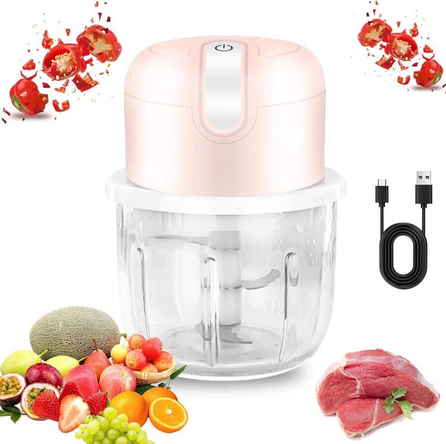 Elektrische Hakmolen voor de Keuken Uiensnijder met USB-Aansluiting 250 ml Oplaadbare Accu met Roestvrijstalen Lemmet voor Fijnsnijden Snijden en Hakken (Roze)