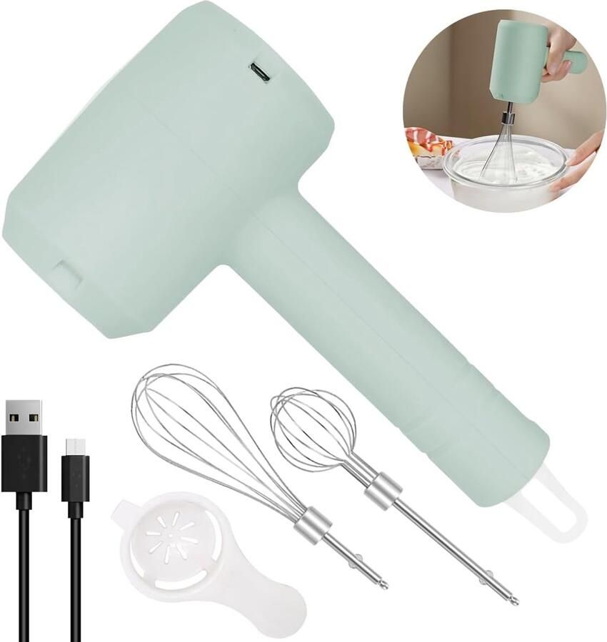 Elektrische handmixer draadloze handmixer met 3 snelheden oplaadbaar en 2 afneembare opzetstukken geschikt voor koken eieren kloppen en milkshakes maken (groen)