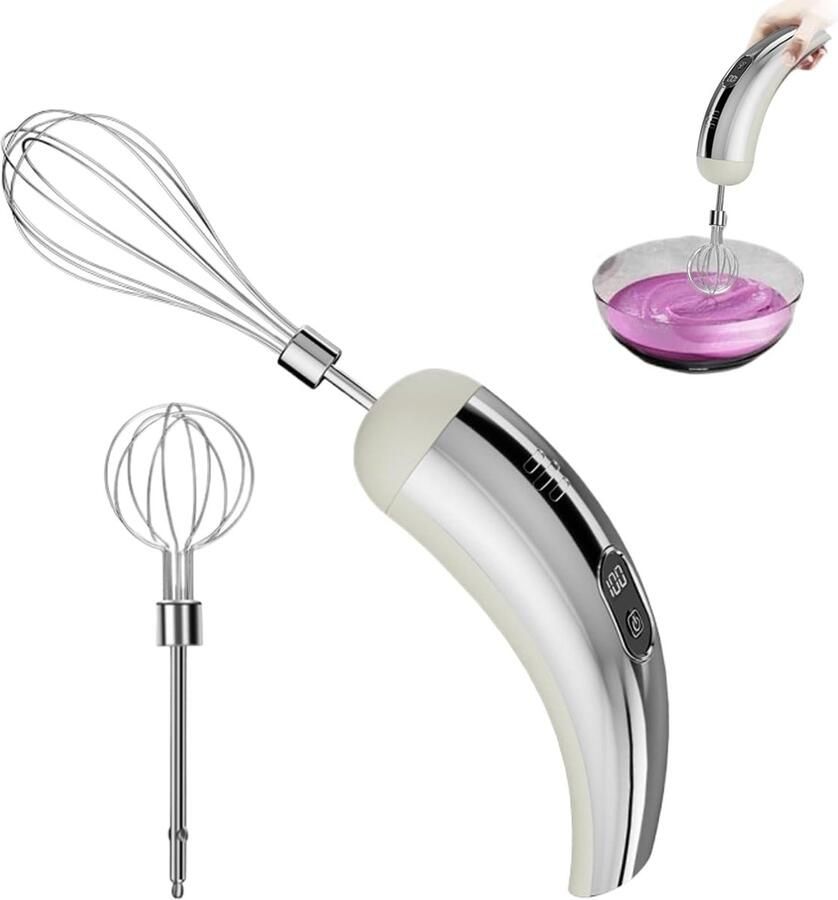 Elektrische Handmixer Draadloze Klopper Keukenhulp Koken Bakken Mixen 5 Instelbare Snelheden 18x5.5 cm Zilver Wit