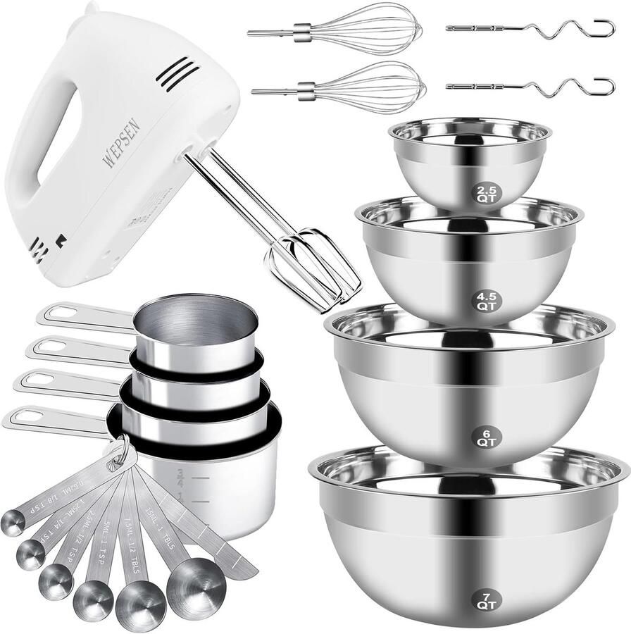 Elektrische handmixer Keukenhulpset Bakken en koken 6 RVS kommen 7 maten lepels Zilver