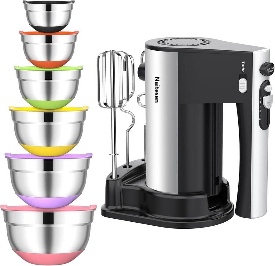 Elektrische Handmixer Keukenmixer Bakken en Koken 10 Snelheden Turbo 6 Mengkommen Zilver
