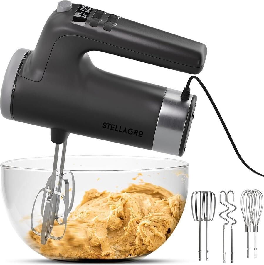 Elektrische Handmixer Keukenmixer Beslagmaker Bakken en Koken 9 Snelheden Timer 22x8x23 cm Grijs