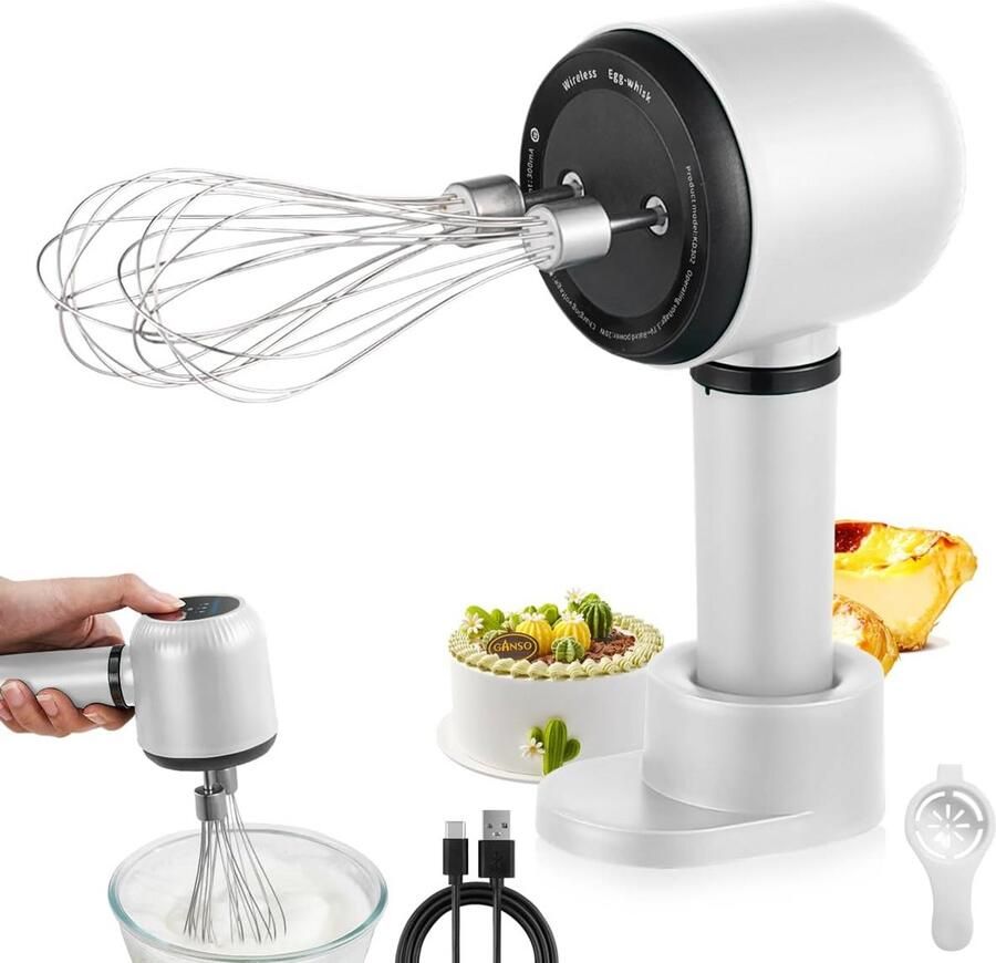 Elektrische Handmixer Keukenmixer Draadloos Bakken en Mixen 3 Snelheden Instelbaar 20 cm Wit
