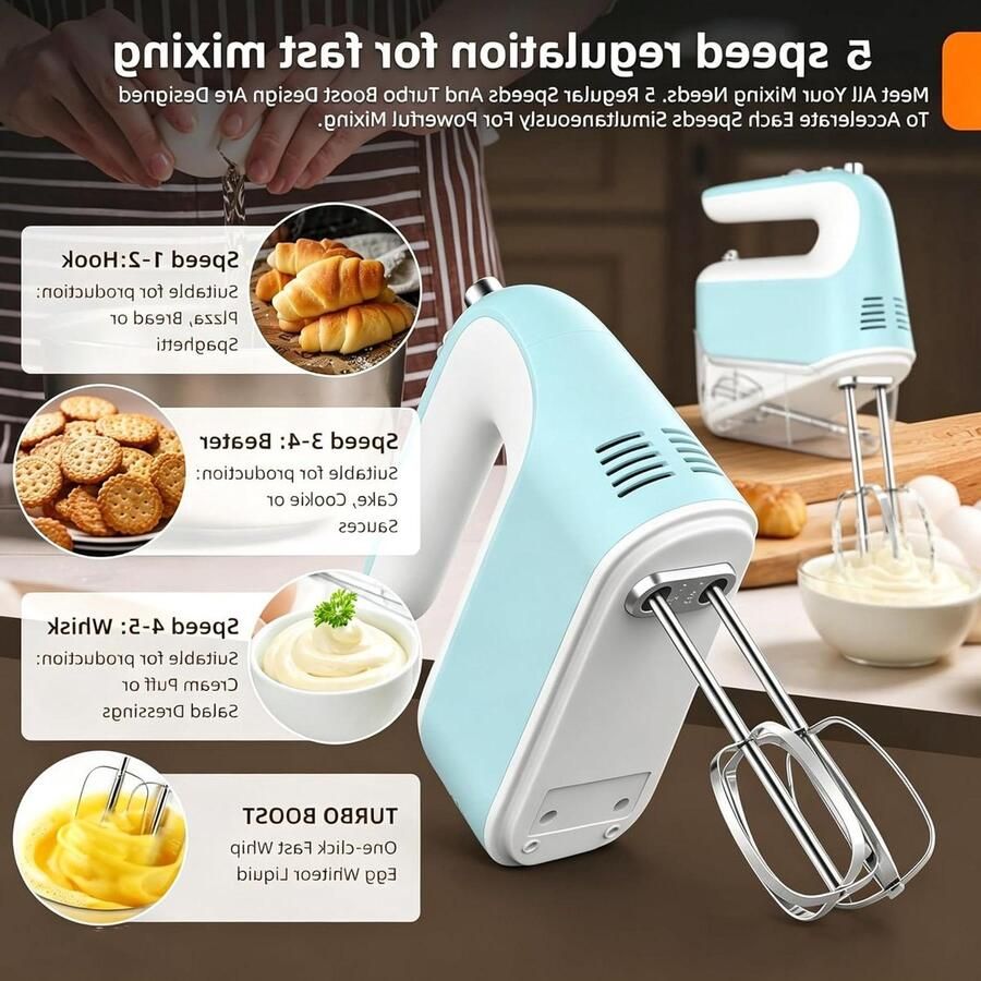Elektrische handmixer Keukenmixer garde Bakken en mixen 5 snelheden turboknop 300 Watt Zilver