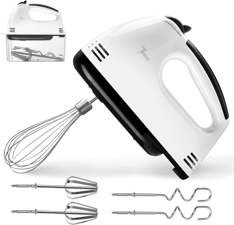 Elektrische Handmixer – Keukenmixer met Roestvrijstalen Deeghaken & Mixers – 7 Standen Hand Mixer met 2 Kloppers en 2 Kneedhaken voor Bakken & Koken
