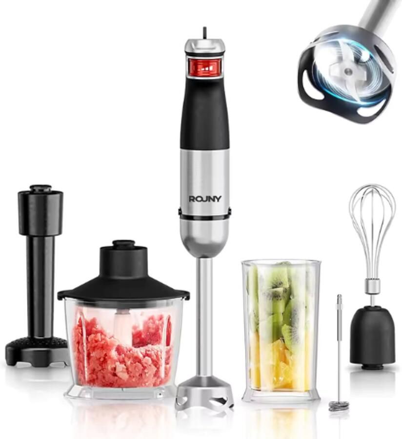 Rouny – Elektrische Handmixer Staafmixer 6-in-1 – Hakmolen – 1500W Krachtige RVS Staafmixer met Accessoires – Hand Blender Multi-functioneel voor Soepen Smoothies & Sauzen TELEO