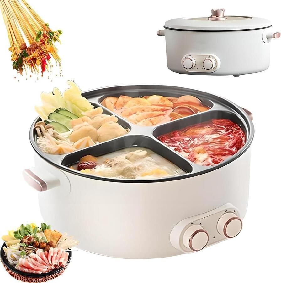Elektrische Hotpot Multifunctioneel Fornuis Samen Koken Vier Onafhankelijke Vakken 6 Liter Inhoud Zwart