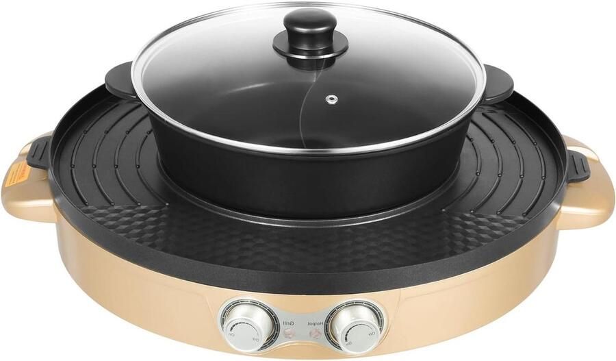 Elektrische Hete Pot Grillplaat Fondue Samen Koken 2-in-1 Design 44 cm Diameter Goud