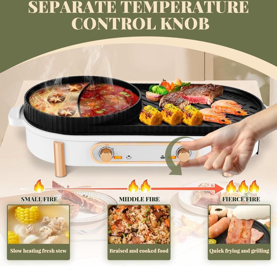Elektrische Hot Pot 2200 W elektrische grill Hot Pot grill 2-in-1 hotpot pot en grillplaat met 2 onafhankelijke temperatuurregeling voor 3-12 personen