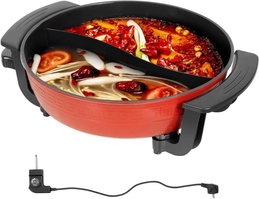 Elektrische Hot Pot Fonduepan Kookpot Gezellig Eten Dubbelzijdig Koken 6L Zwart