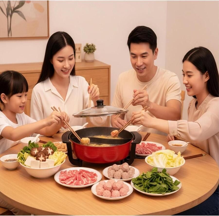 Elektrische Hot Pot Fonduepan Kookpot Gezellig Tafelen Multifunctioneel Koken 6 Liter Inhoud Rood Zwart