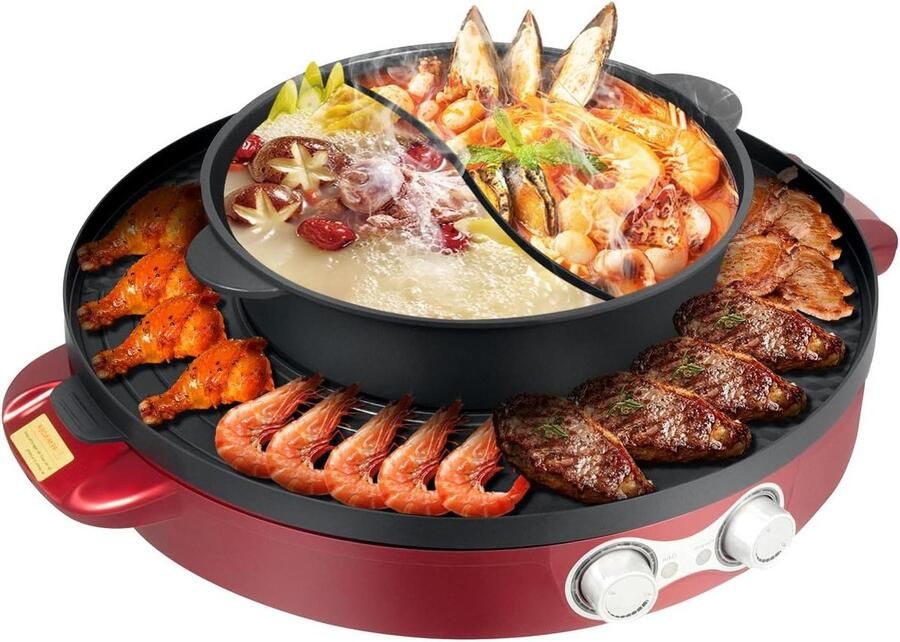 Elektrische Hot Pot Grill 2-in-1 Tafelgrill Gezellig Tafelen Dubbele Temperatuurregeling 44 cm Diameter Rood