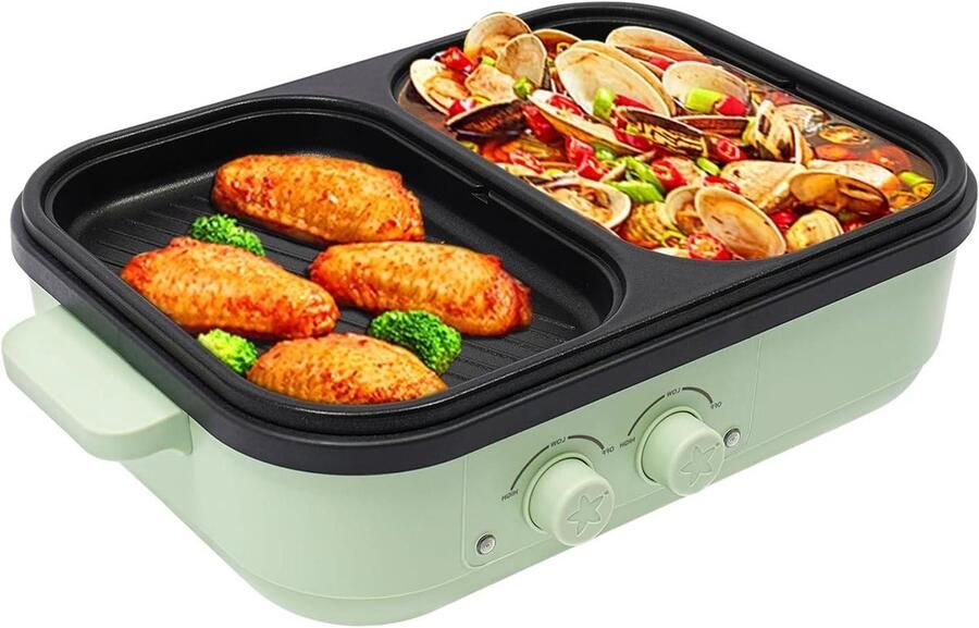 Elektrische Hot Pot Grill Contactgrill Pan Snel Eten Bereiden Dubbele Temperatuurregeling 1-3 Personen Groen