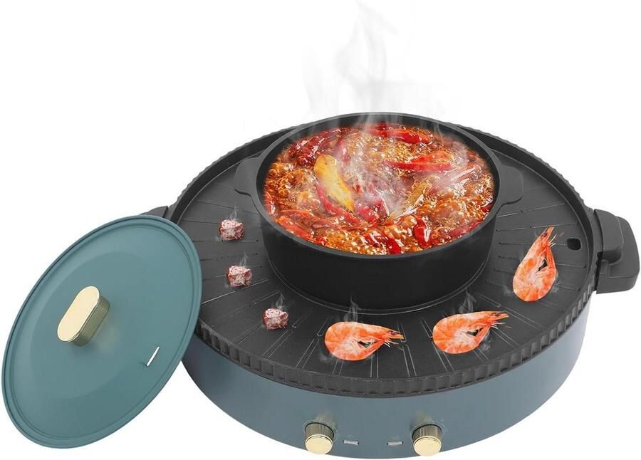 Elektrische Hot Pot Grill Kookpan BBQ Gezellig Eten Dubbele Temperatuurregeling 42 x 11 cm Groen