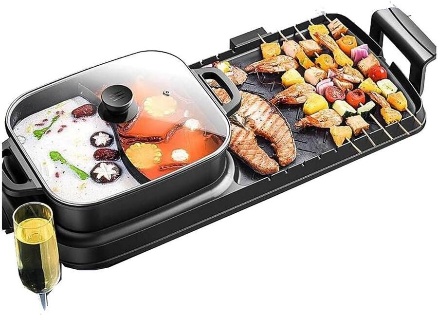 Elektrische Grill en Hot Pot BBQ Pan Gezellig Eten Dubbele Temperatuurregeling 73 cm Zwart