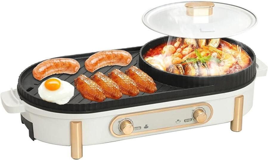 Elektrische Hot Pot Grill Pan Gezellig Eten 2-In-1 Design 3-6 Personen Wit