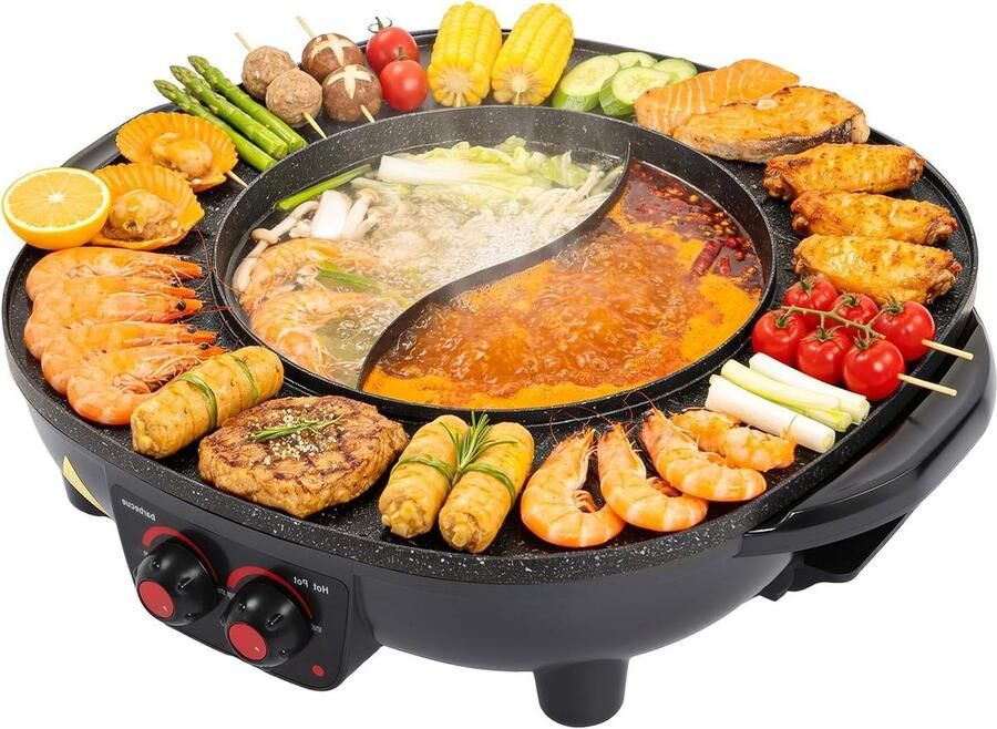 Elektrische Hot Pot Grill Pan Gezellig Eten Dubbele Verwarming 3 Liter Zwart