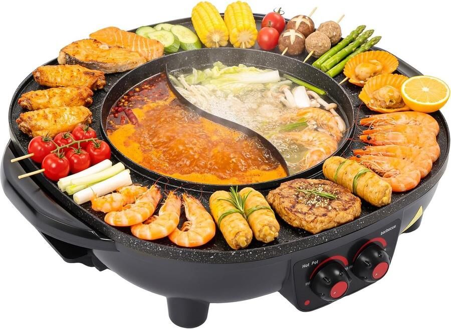 Elektrische Hot Pot Grill Pan Samen Eten Dubbele Stroomregeling 3 Liter Capaciteit Zwart