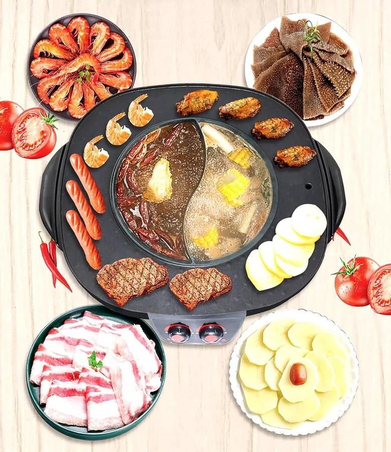 Elektrische Hot Pot Grill Pan Samen Koken 2-in-1 Functie Voor 5-6 Personen Zwart Transparant