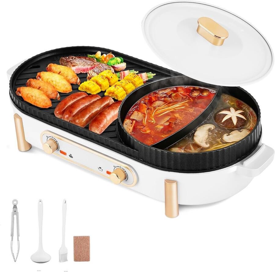 Elektrische Hot Pot Grill Plaat Samen Eten Dubbele Temperatuurregeling 3-12 Personen Zwart