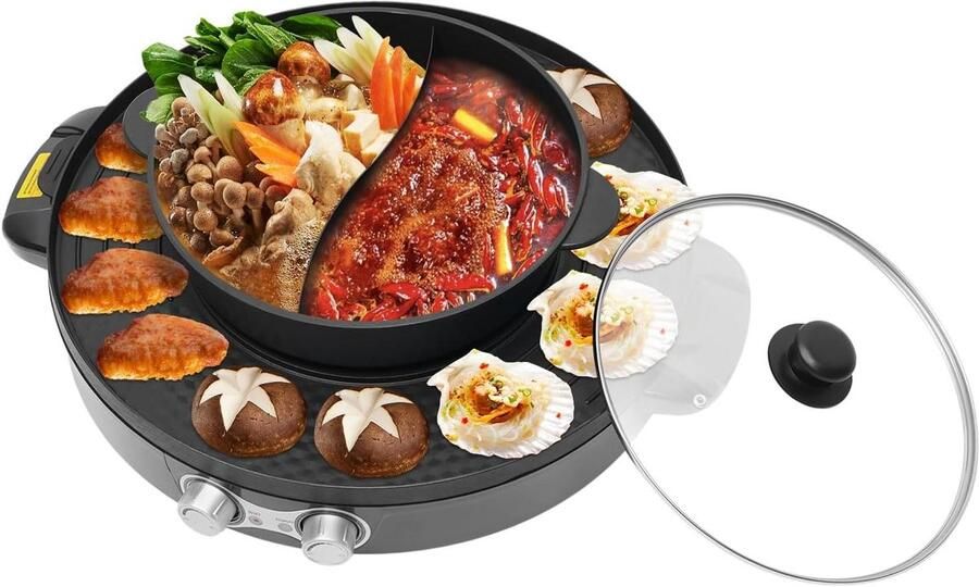 Elektrische Hot Pot Grill Tafelgrill Fondue Pan Gezellig Eten Bereiden 2-in-1 Multifunctioneel 44 cm Diameter Zwart