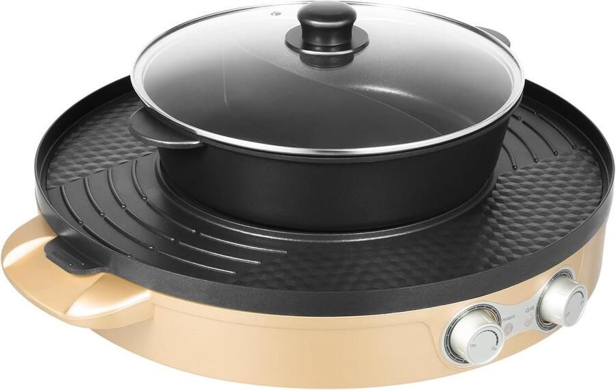 Elektrische Hot Pot Grillplaat Fondue Gezellig Tafelen 2-in-1 Koken Grillen Diameter 30 cm Zilver Zwart