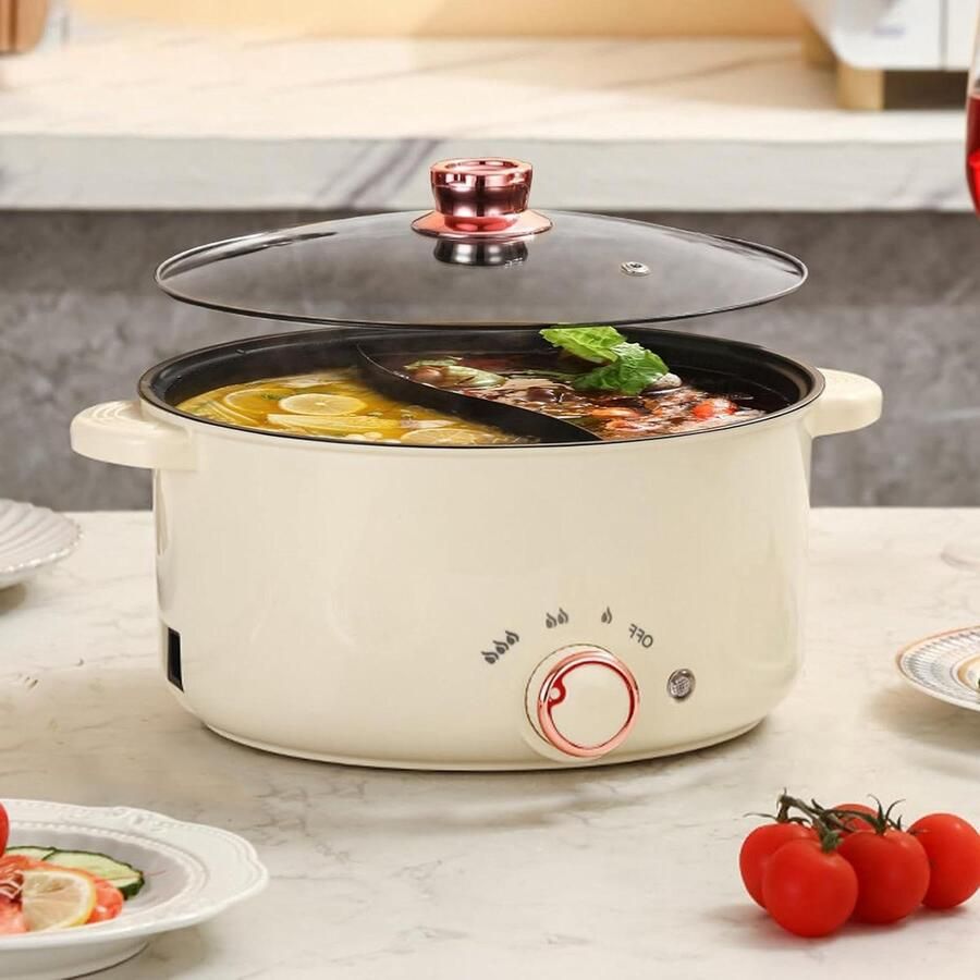 Elektrische Hot Pot Kookpan met Scheidingswand Twee Smaken Koken Drie Vermogensaanpassingen 3.5 Liter Capaciteit Wit