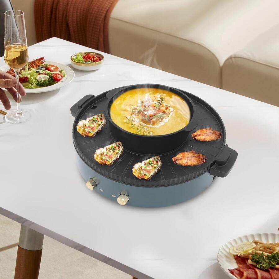 Elektrische Hot Pot met Grill Kookpan Grillplaat Gezellig Eten Dubbele Temperatuurregeling 42 cm Groen