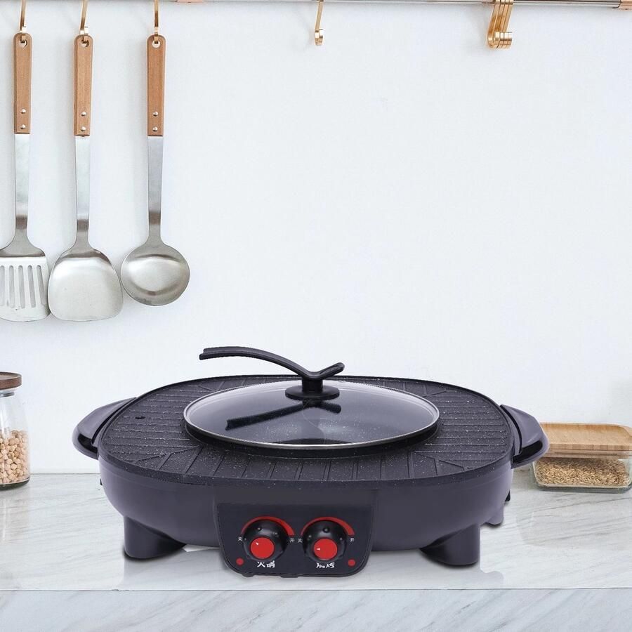 Elektrische Hot Pot Met Grill Shabu Grill Voor 5-6 Personen Zwart Aluminium 42 cm Met Deksel En Netsnoer 1 Stuk 2000W Antiaanbak Thermostaat 9 Kookmodi