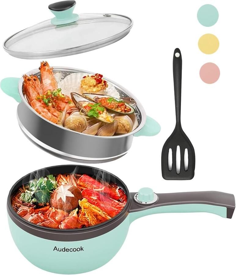 Elektrische Hot Pot met Stoompan Groen 1 5 l Anti-aanbak Mini-Pan voor Gezond Koken