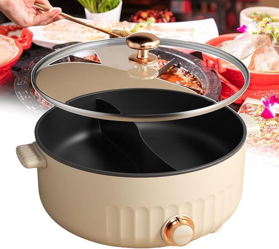 Elektrische Hot Pot Multi Kookpan Gezellig Tafelen Dubbelzijdige Pan 6 Liter Zwart