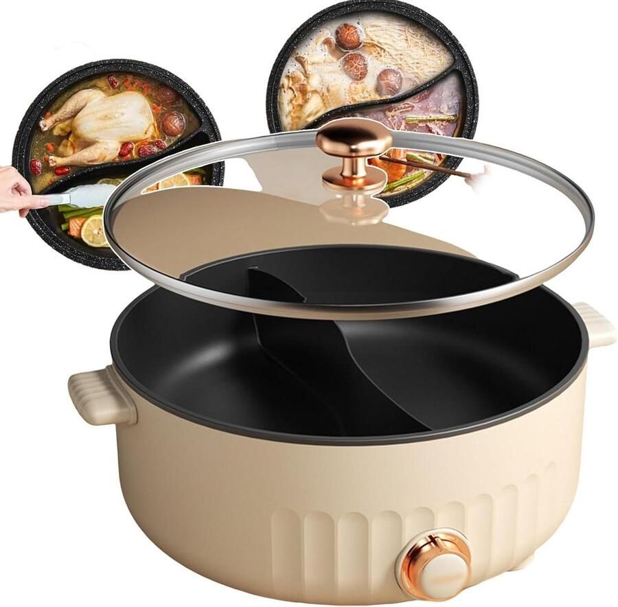Elektrische Hot Pot Multicooker Frituurpan Gezellig Tafelen Dubbele Smaak Divider 6 Liter Capaciteit Zwart