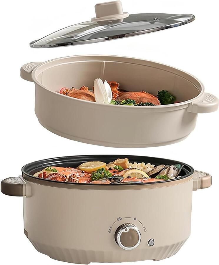 Elektrische Hot Pot Multicooker Pan Koken en Stomen Antiaanbaklaag 4.6 Liter Beige