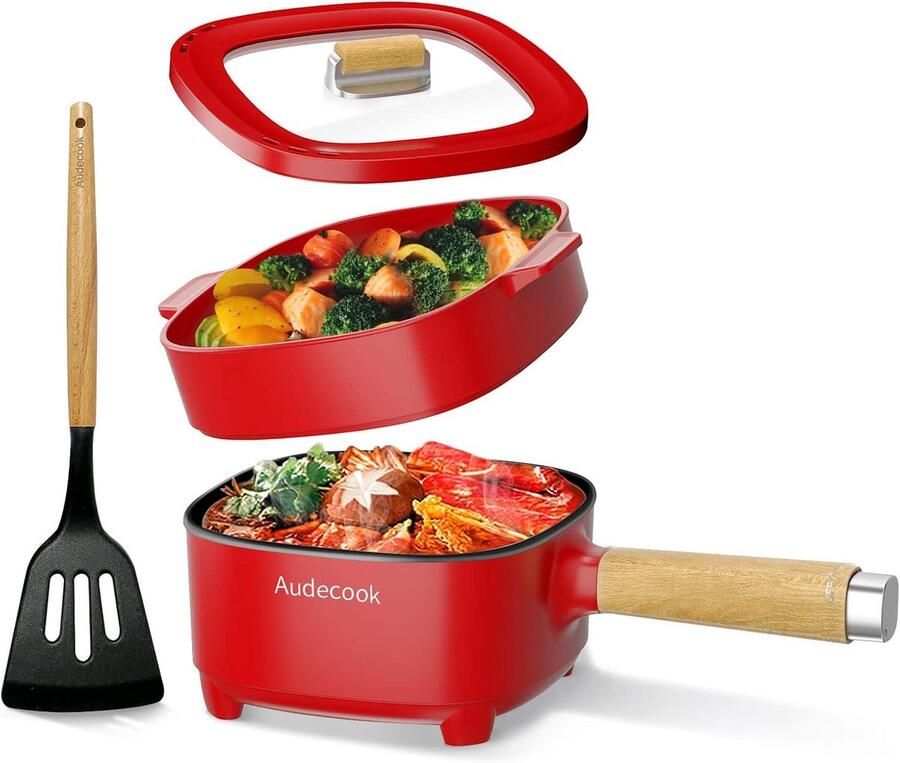 Elektrische Hot Pot Multicooker Pan Maaltijden Bereiden Keramisch Glazuur 2 Liter 800W Rood