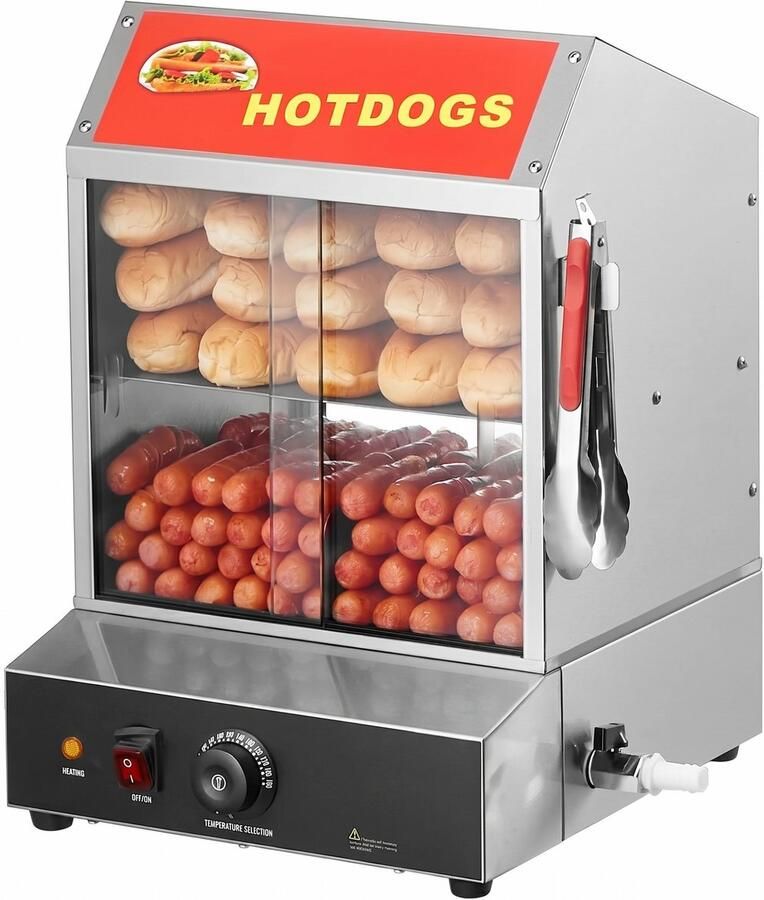 Elektrische Hotdog Stomer met 2 Planken RVS Broodjeswarmer Stoomvitrine Warmhoudkast 27 Liter Inhoud Temperatuurregeling 30 tot 85 Graden Gehard Glas Schuifdeuren Ideaal voor Horeca Snackbar Bioscoop Cafetaria