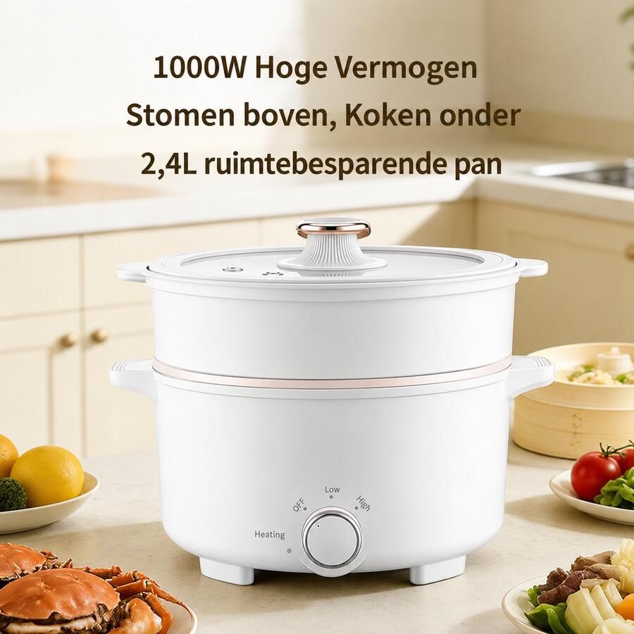 Elektrische Hotpot 2 4L – 1000W Multicooker met Stoommand – 2 Warmtestanden – Antiaanbaklaag – Voor Soep Ramen Pasta & Fondue