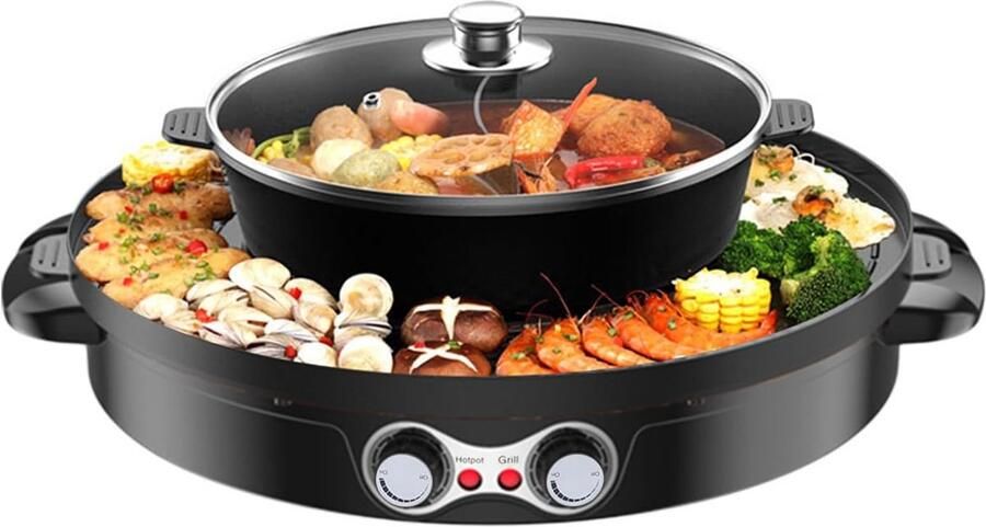 Elektrische Hotpot Grill 2-in-1 Apparaat Gezellig Tafelen Onafhankelijke Temperatuurregeling 29 cm Pan Zwart