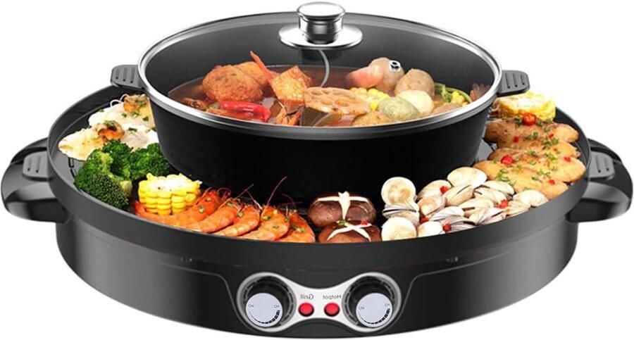 Elektrische Hotpot Grill Dubbele Pan Gezellig Eten Dubbele Temperatuurregeling 29 cm Diameter Zwart