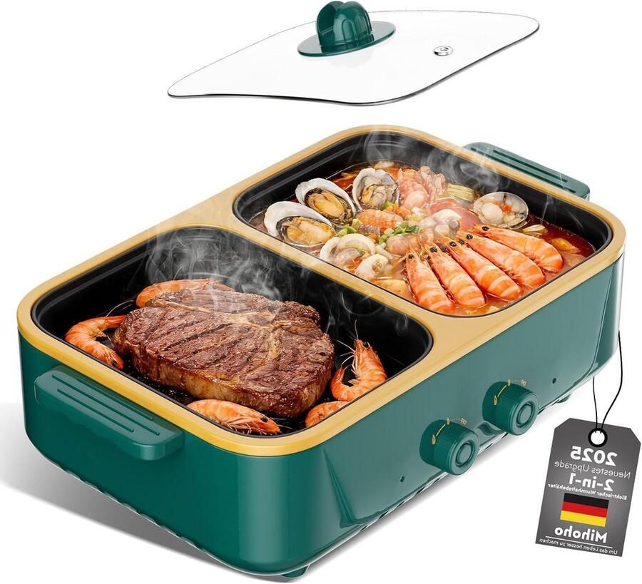 Elektrische Hot Pot Grill Combikookplaat Gezellig Eten Dubbele Temperatuurregeling Voor 1-3 Personen Groen