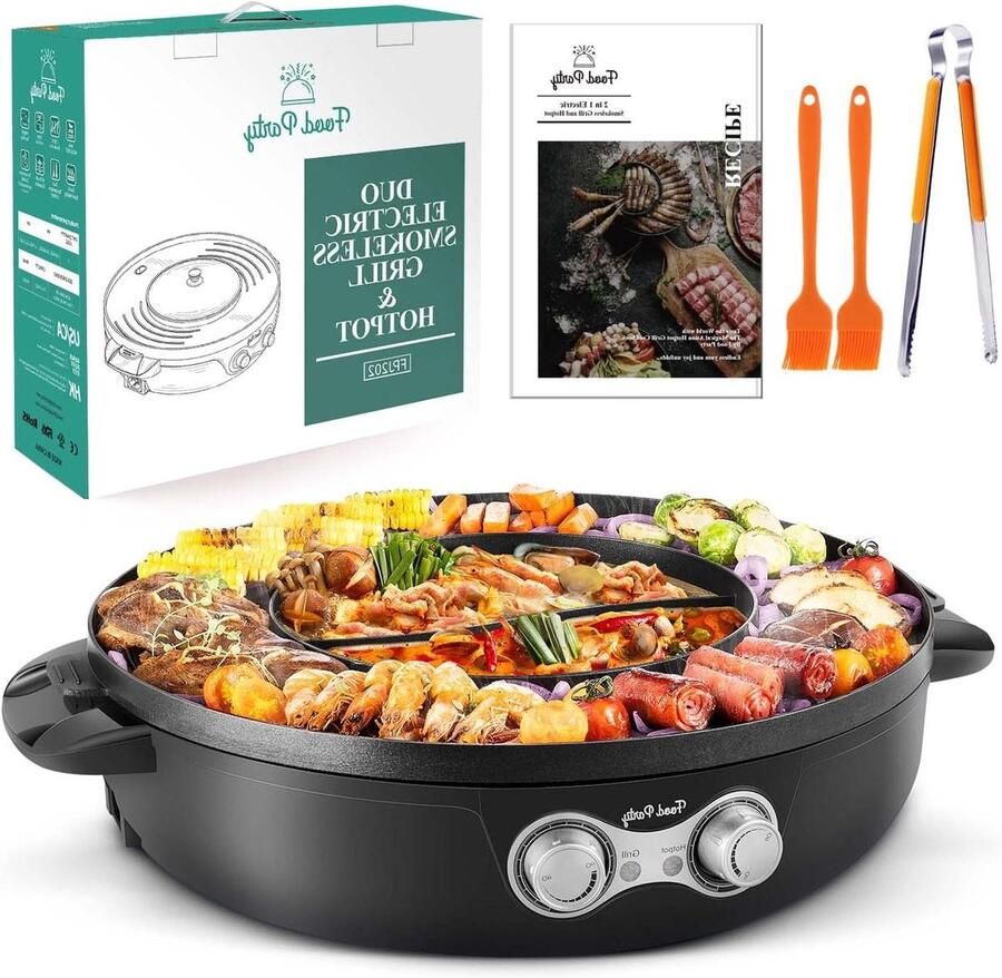 Elektrische Hotpot Grill Tafelgrill Fondue Samen Eten Dubbelzijdig Koken 42 cm Diameter Zwart